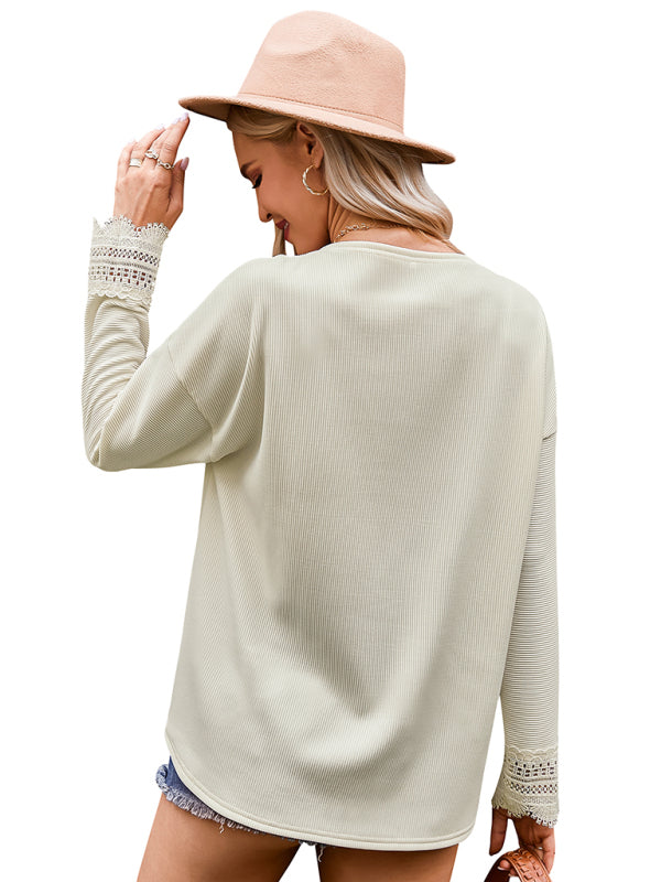 Women's fashion knitted lace V-neck bottoming shirt
