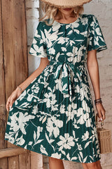 Floral Round Neck Tie Belt Pleated Dress