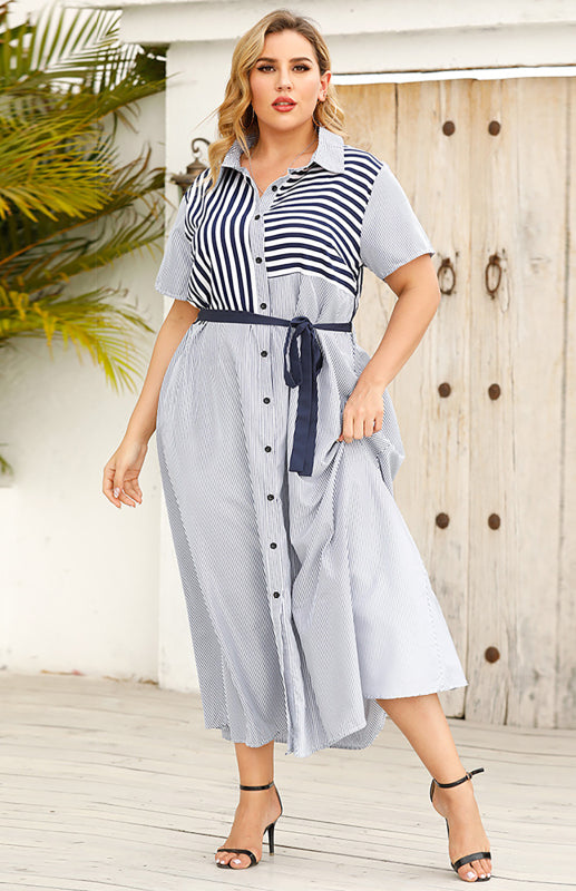 Women's Striped Short Sleeve Shirt Collar Dress
