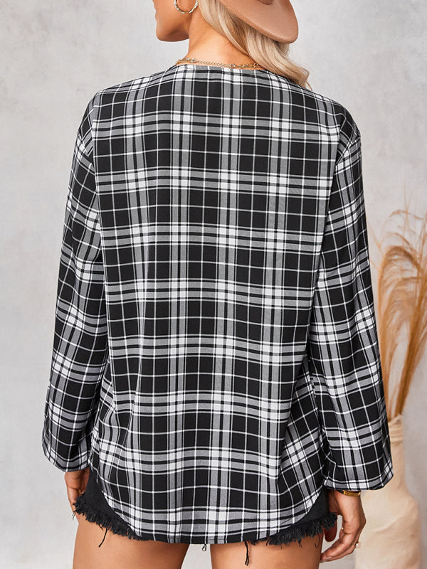 Women's fashion check Round Neck Shirt