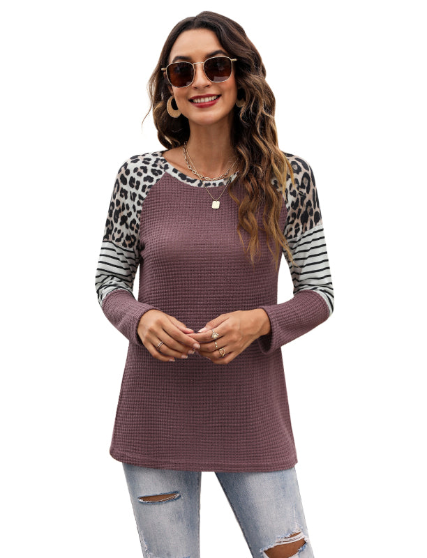Women’s Long Sleeve Waffle Sweater With Leopard And Stripe Color Blocking