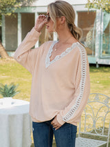 Women's Solid Color Cutout Lace Panel Waffle V-Neck Top
