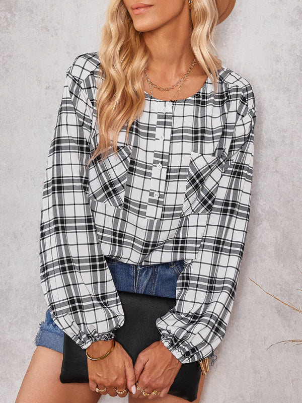 Women's fashion check Round Neck Shirt
