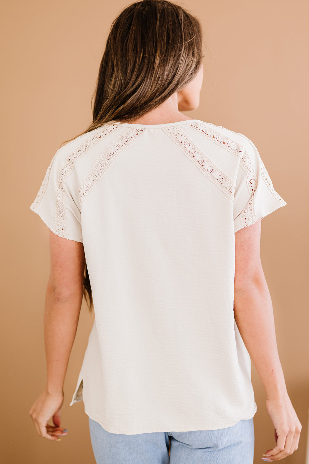 $33 Crochet Eyelet Buttoned Short Sleeves Top