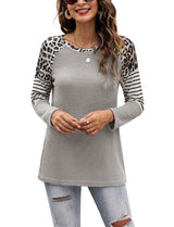 Women’s Long Sleeve Waffle Sweater With Leopard And Stripe Color Blocking