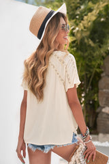 $33 Crochet Eyelet Buttoned Short Sleeves Top