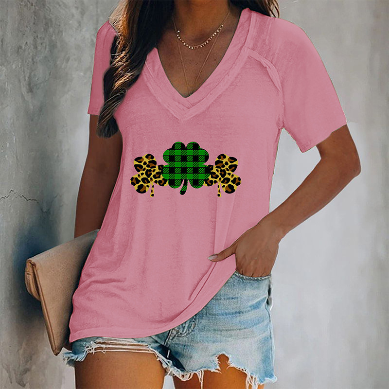 Women's V-neck Graphic Printed Four-leaf Clovers T-shirt