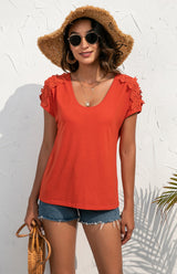 Women's Casual Lace Stitched V-Neck Pullover Short Sleeve Tops