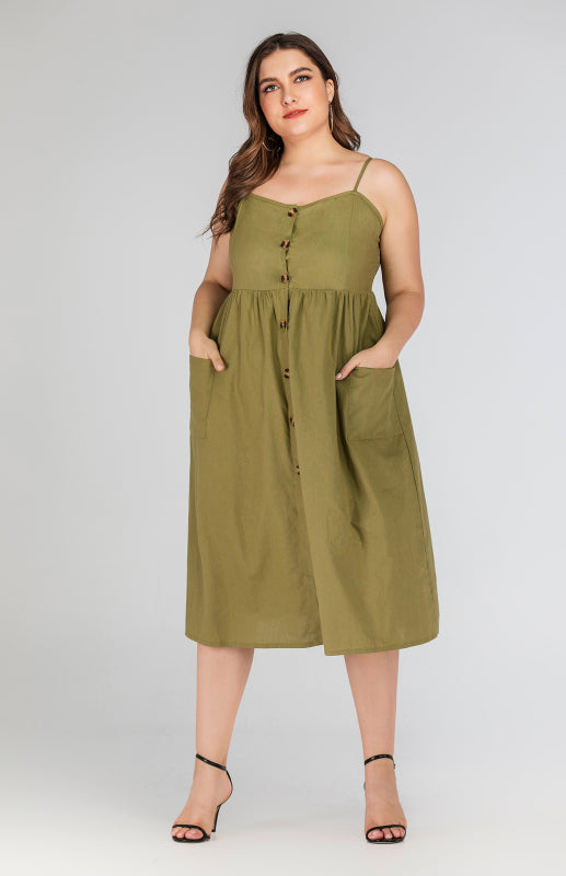 Women's Button Pocket Solid Color Slip Dress