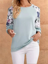 Women's Casual Floral Panel Sleeve Crew Neck Top