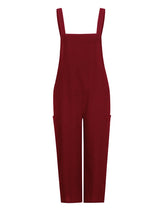 Solid Color Cotton Linen Casual Loose Long Wide Leg Jumpsuit Suspenders Straps Back Pants