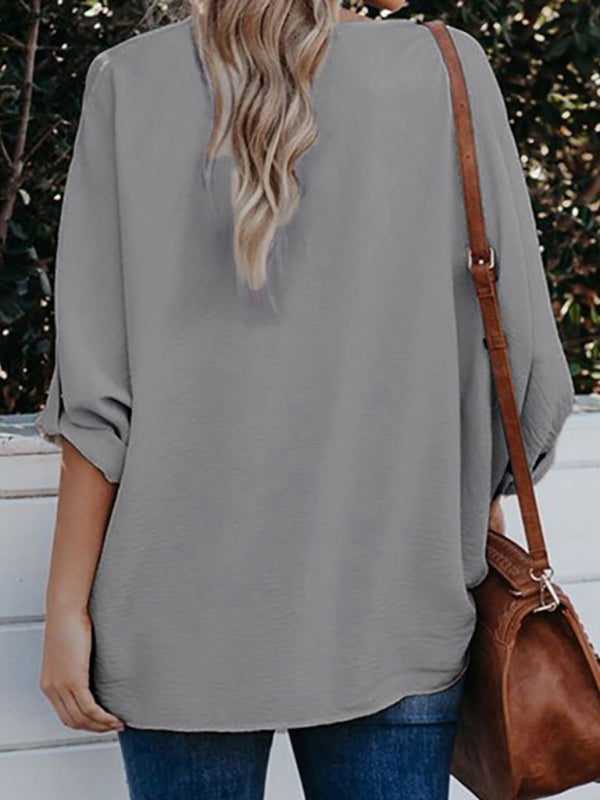 Women's Solid Color V-Neck Long Sleeve Casual Loose Shirt