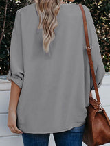 Women's Solid Color V-Neck Long Sleeve Casual Loose Shirt