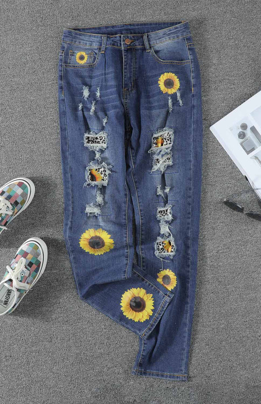 Leopard Patchwork Sunflower Print Distressed High Waist Jeans