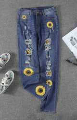 Leopard Patchwork Sunflower Print Distressed High Waist Jeans