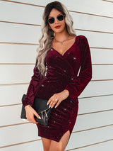 Women's sexy hip wrap skirt fashion V-neck velvet dress