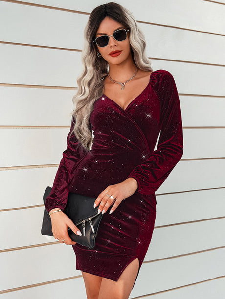 Women's sexy hip wrap skirt fashion V-neck velvet dress