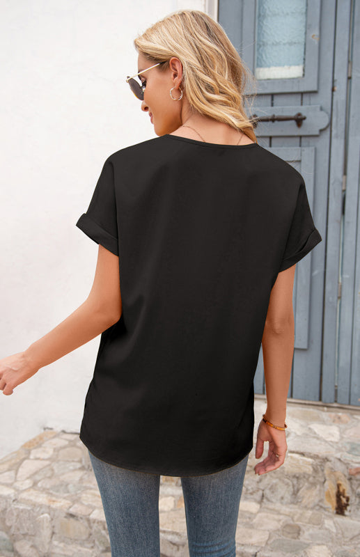 Women's Short Sleeve Casual V-Neck Top Pleated Shirt