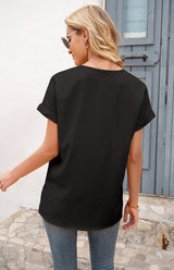 Women's Short Sleeve Casual V-Neck Top Pleated Shirt