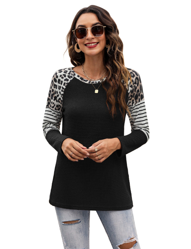 Women’s Long Sleeve Waffle Sweater With Leopard And Stripe Color Blocking