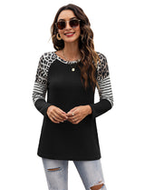 Women’s Long Sleeve Waffle Sweater With Leopard And Stripe Color Blocking