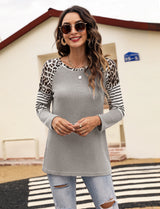 Women’s Long Sleeve Waffle Sweater With Leopard And Stripe Color Blocking