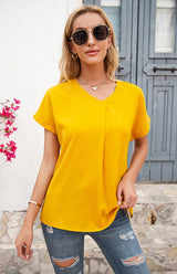 Women's Short Sleeve Casual V-Neck Top Pleated Shirt