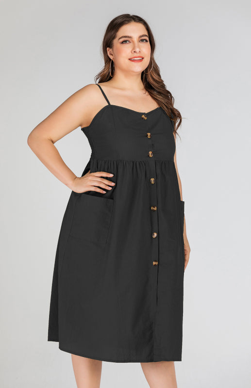 Women's Button Pocket Solid Color Slip Dress