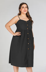 Women's Button Pocket Solid Color Slip Dress