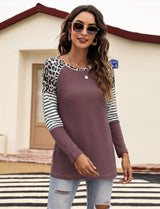 Women’s Long Sleeve Waffle Sweater With Leopard And Stripe Color Blocking