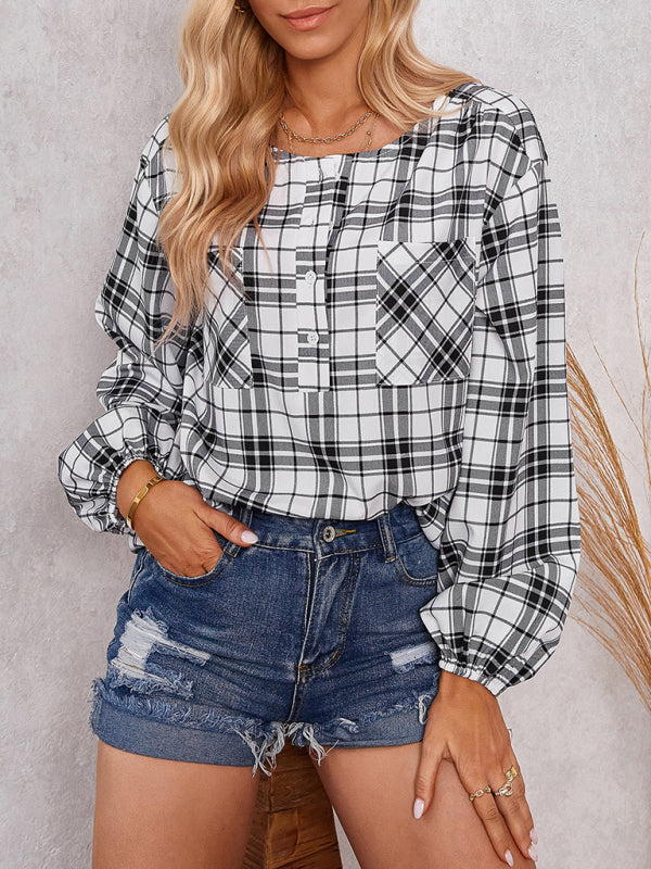 Women's fashion check Round Neck Shirt
