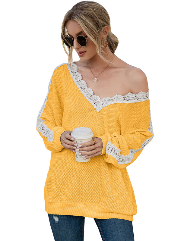 Women's Solid Color Cutout Lace Panel Waffle V-Neck Top