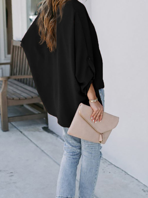 Women's Solid Color V-Neck Long Sleeve Casual Loose Shirt