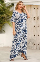Women's V-Neck Feather Short Sleeve Long Dress