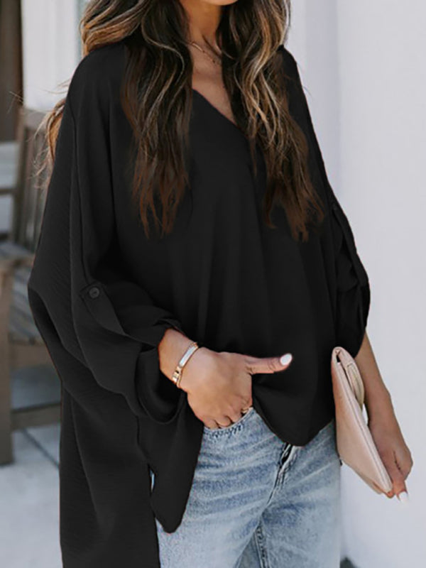 Women's Solid Color V-Neck Long Sleeve Casual Loose Shirt