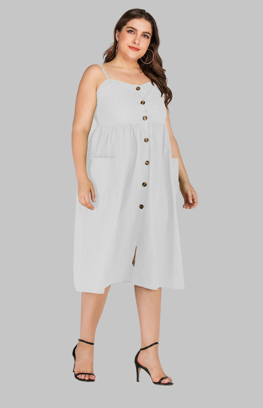 Women's Button Pocket Solid Color Slip Dress