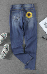 Leopard Patchwork Sunflower Print Distressed High Waist Jeans