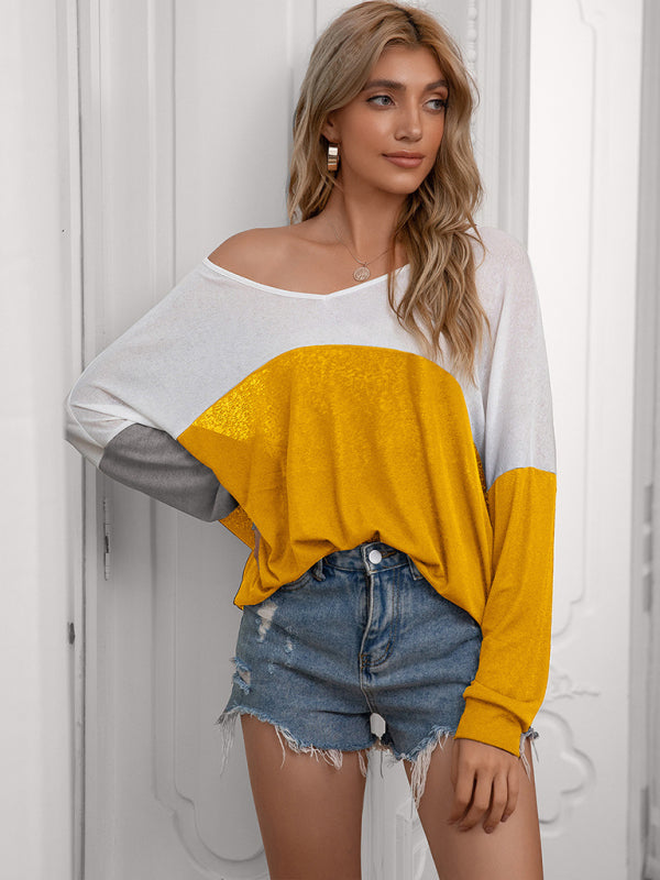 Women's Casual Loose Contrast Paneled Bat Long Sleeve Top