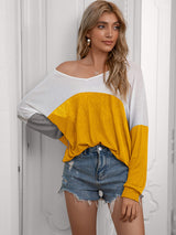 Women's Casual Loose Contrast Paneled Bat Long Sleeve Top