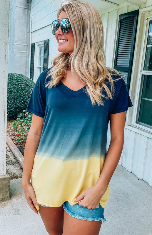Women's Blue Gradient Block V-Neck T-Shirt