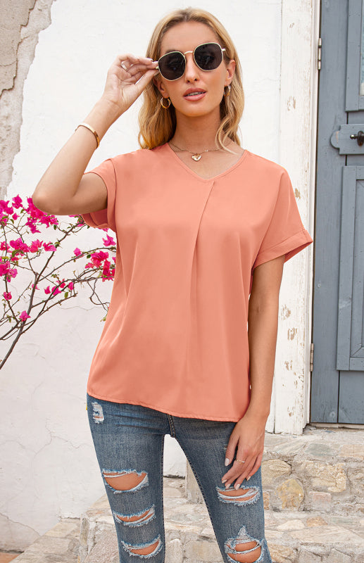 Women's Short Sleeve Casual V-Neck Top Pleated Shirt
