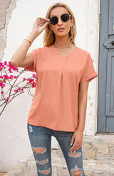 Women's Short Sleeve Casual V-Neck Top Pleated Shirt