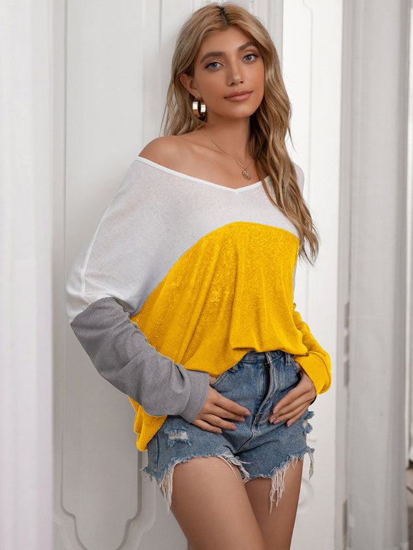 Women's Casual Loose Contrast Paneled Bat Long Sleeve Top