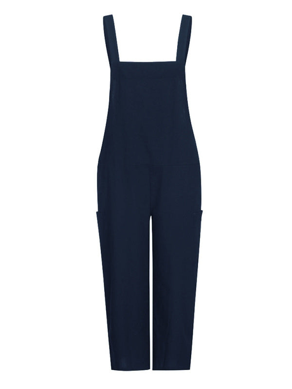Solid Color Cotton Linen Casual Loose Long Wide Leg Jumpsuit Suspenders Straps Back Pants