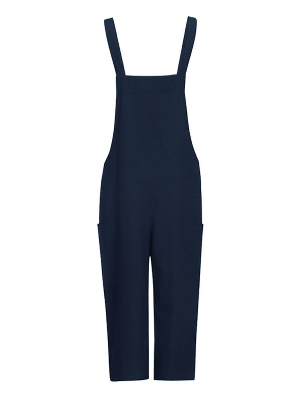 Solid Color Cotton Linen Casual Loose Long Wide Leg Jumpsuit Suspenders Straps Back Pants