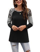 Women’s Long Sleeve Waffle Sweater With Leopard And Stripe Color Blocking