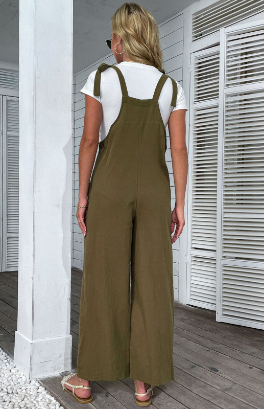 Women's 2022 summer solid color wide-leg cotton and linen overalls