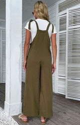 Women's 2022 summer solid color wide-leg cotton and linen overalls