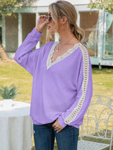 Women's Solid Color Cutout Lace Panel Waffle V-Neck Top