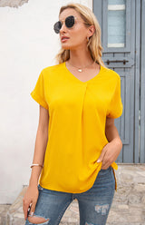 Women's Short Sleeve Casual V-Neck Top Pleated Shirt